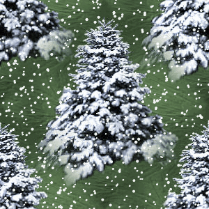 Ели под снегопадом на зеленом фоне