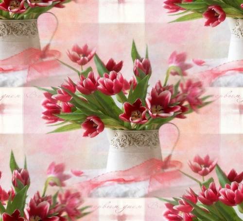Красные тюльпаны в вазе на бело-розовом фоне