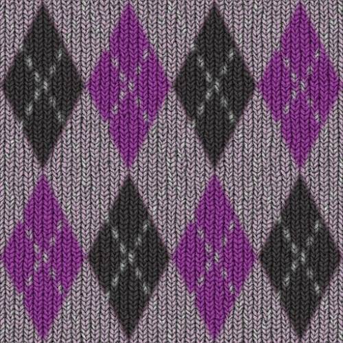 Вязание ромбиком. Фиолетовые и черные ромбы на сером
