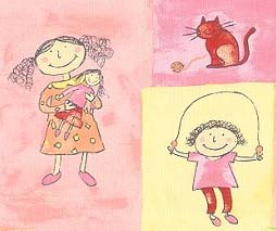 Дети. Мальчик со скаколкой, девочка с куклой и кот