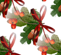 Красные ягоды, желуди, зеленые листья и бантик бордовый
