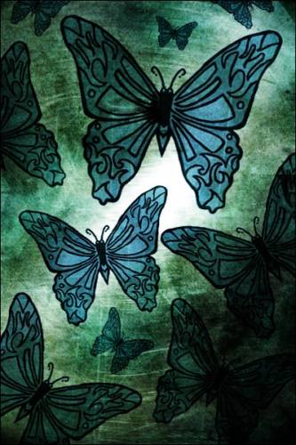 Голубые бабочки на темном зеленом