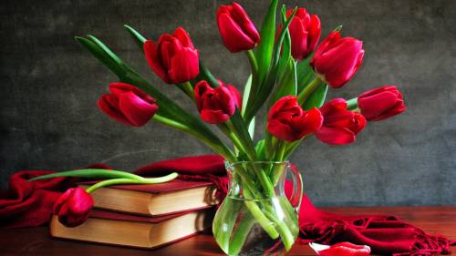 Красные тюльпаны в вазе у стопки книг