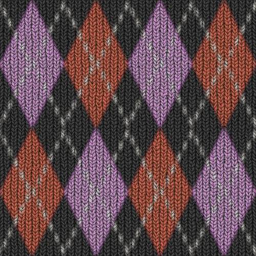 Вязание ромбиком. Фиолетовые, черные, оранжевые