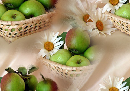 Ромашки на зеленых яблоках. Белый фон скатерти