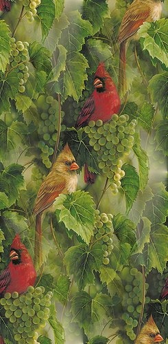 Птицы на гроздьях зеленого винограда