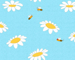 Пчелы летают над ромашками  на голубом фоне