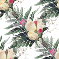 Белые и розовые розочки с листом папортника