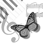 Бабочка рядом с нотами и скрипичным ключом