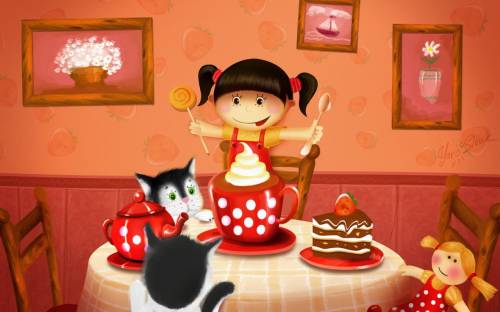 Девочка с котятами и игрушками празднует день рождения
